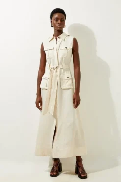 Viscose Linen Woven Sleeveless Shirt Midi Dress