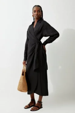Viscose Linen Woven Tie Wrap Midi Shirt Dress