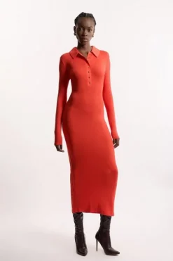 Viscose Rib Jersey Long Sleeve Collared Midi Dress