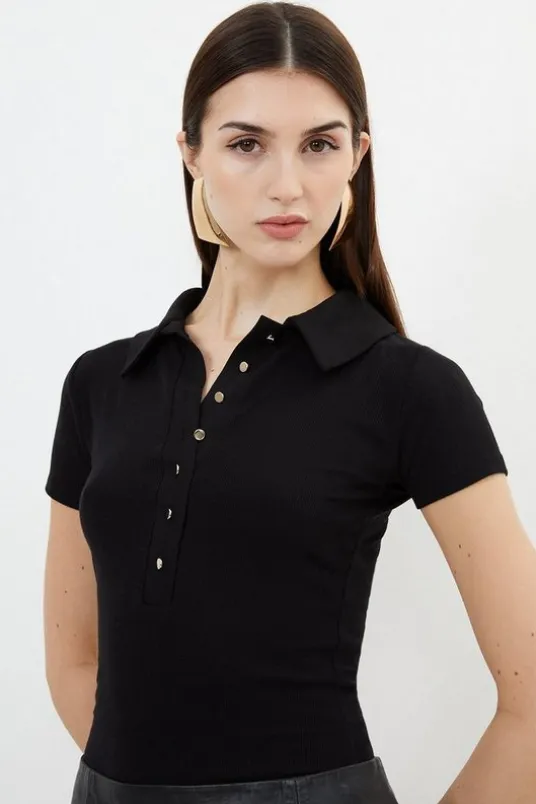 Viscose Rib Jersey Short Sleeve Collared Top