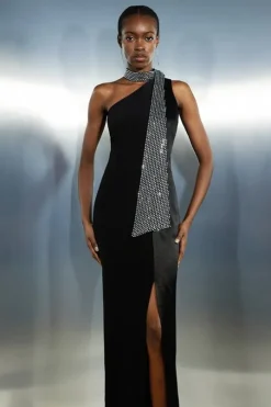 Viscose Satin Back Crepe Embellished Tie Detail Midi Dress