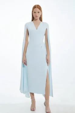 Viscose Satin Back Crepe Tailored V Neck Maxi Cape Dress