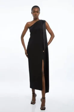 Viscose Satin Back Crepe Tailored One Shoulder Cape Maxi Dress