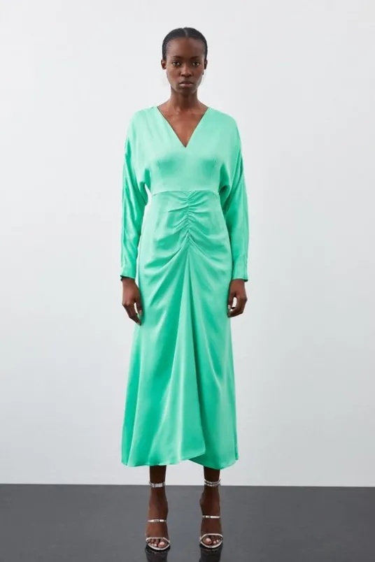 Viscose Satin Batwing Long Sleeve Midi Dress