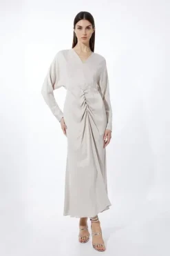 Viscose Satin Batwing Long Sleeve Midi Dress
