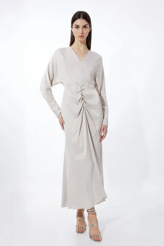 Viscose Satin Batwing Long Sleeve Midi Dress