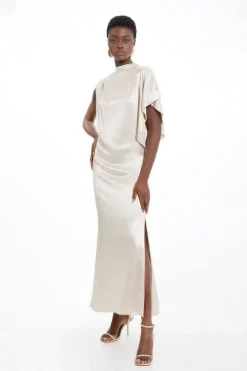 Viscose Satin Pintuck Draped Detail Woven Maxi Dress