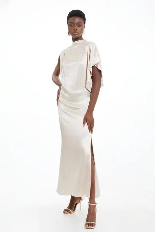 Viscose Satin Pintuck Draped Detail Woven Maxi Dress