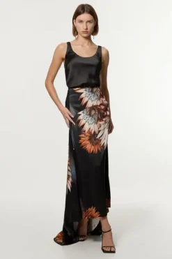 Viscose Satin Printed Panelled Train Maxi Skirt