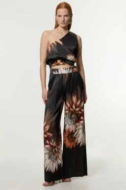 Viscose Satin Printed Wide Leg Woven Pants