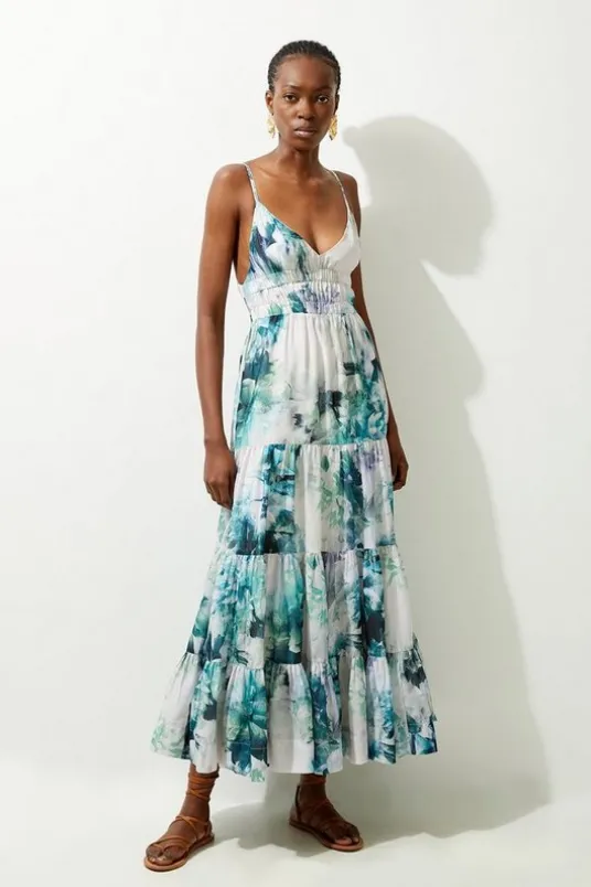 Watercolor Cotton Voile Plunge Strappy Woven Maxi Dress