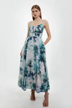 Watercolor Cotton Voile Strappy Woven Maxi Dress