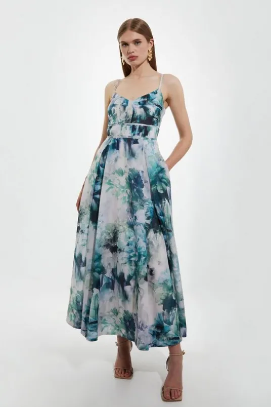 Watercolor Cotton Voile Strappy Woven Maxi Dress