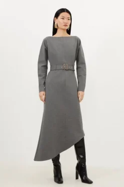 Waterfall Hem Belted Ponte Jersey Maxi Dress