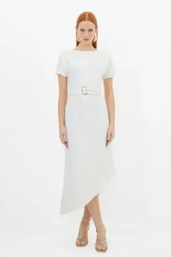 Waterfall Hem Belted Short Sleeve Ponte Jersey Midi Dress
