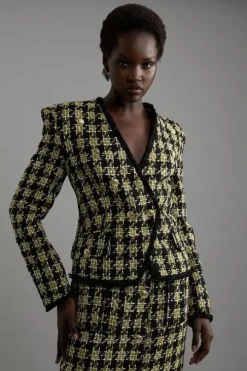 Wool Blend Check Tailored Asymmetric Jacket