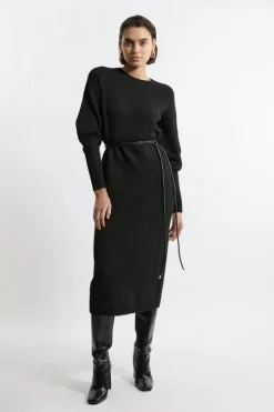 Wool Blend Cosy Knit Belted Long Sleeve Midaxi Dress