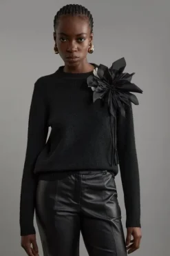 Wool Blend Cosy Knit Floral Applique Sweater