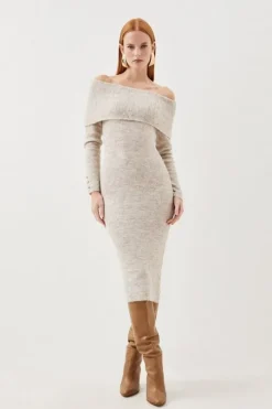 Wool Blend Cosy Off The Shoulder Knit Midi Dress