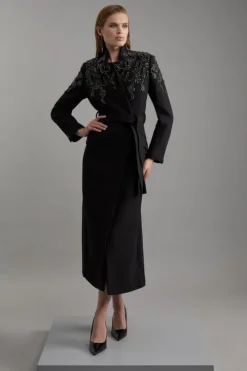 Wool Blend Crystal Embellished Notch Neck Belted Maxi Coat