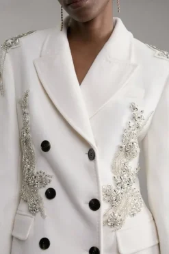 Wool Blend Crystal Embellished Double Breasted Tailored Maxi Coat