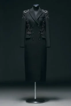 Wool Blend Crystal Embellished Double Breasted Tailored Maxi Coat