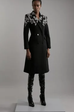 Wool Blend Crystal Embellished Notch Neck Belted Midi Coat