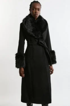Wool Blend Detachable Faux Fur Belted Midi Coat