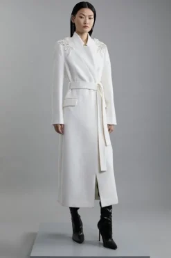 Wool Blend Embellished Belted Tailored Longline Coat