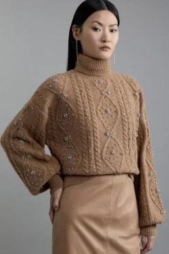 Wool Blend Embellished Cable Knit Sweater