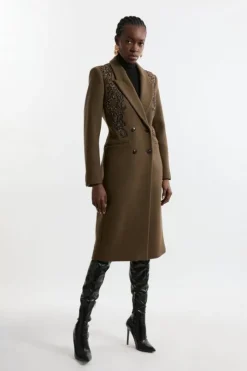 Wool Blend Embroidered Embellished Placed Floral Double Breasted Tailored Midi Coat