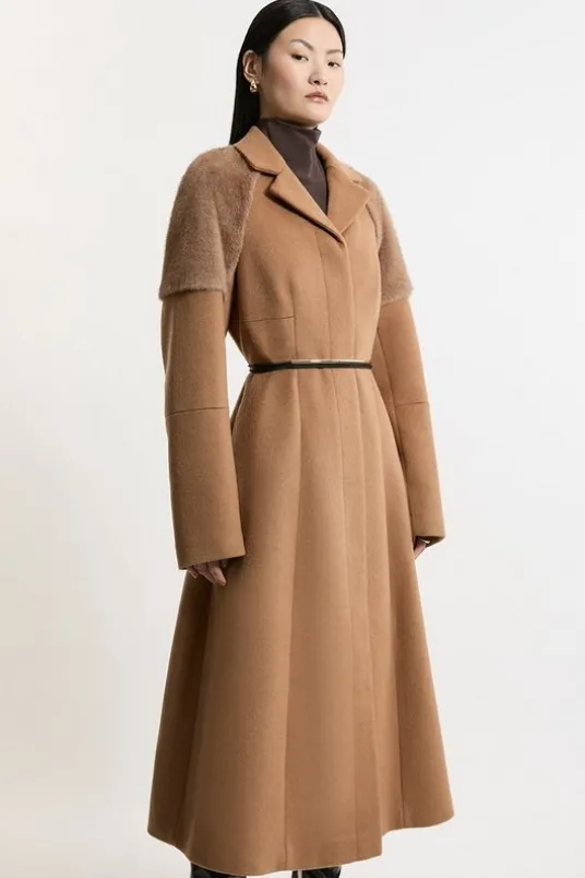 Wool Blend Faux Fur Sleeve Detail Tailored Midaxi Coat