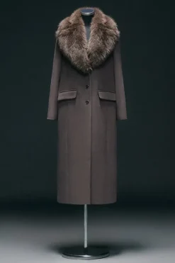 Wool Blend Fur Trim Collar Tailored Midi Coat