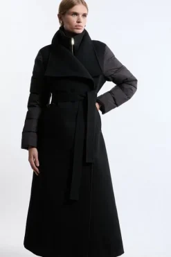 Wool Blend Hybrid Puffer Belted Midi Coat