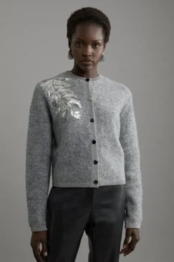 Wool Blend Knit Cardi With Placement Sequin Motif