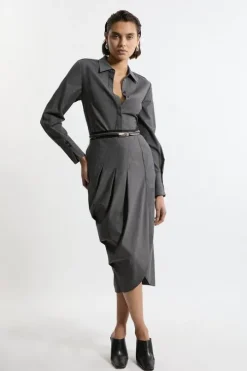 Wool Blend Pleated Detail Tailored Midi Skirt