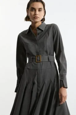 Wool Blend Pleated Tailored Belted Maxi Shirt Dress