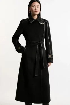 Wool Blend Pu Trim Belted Tailored Double Breasted Midi Coat