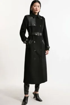 Wool Blend Pu Trim Belted Tailored Midi Coat