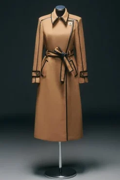 Wool Blend Pu Trim Belted Tailored Double Breasted Midi Coat
