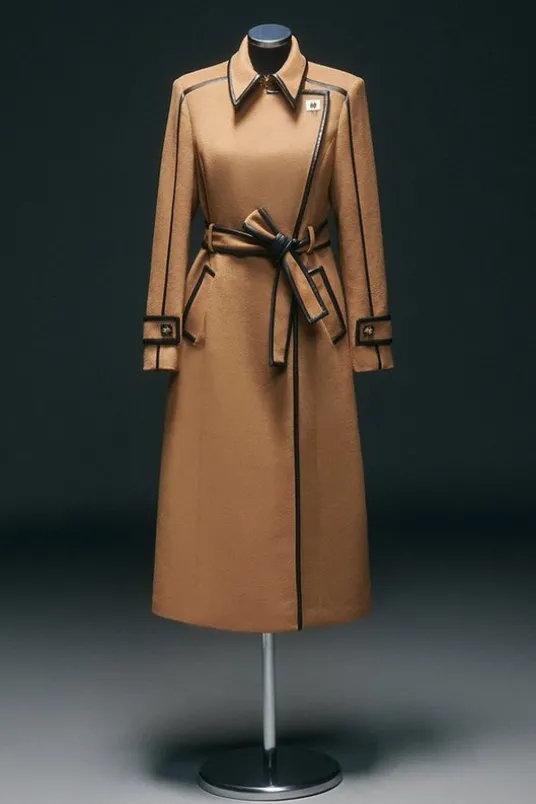 Wool Blend Pu Trim Belted Tailored Double Breasted Midi Coat
