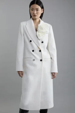 Wool Blend Rosette Detailed Double Breasted Tailored Maxi Coat