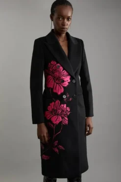 Wool Blend Satin Applique Embellished Double Breasted Tailored Midi Coat