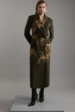 Wool Blend Sequin Embellished Placed Double Breasted Tailored Midiaxi Coat