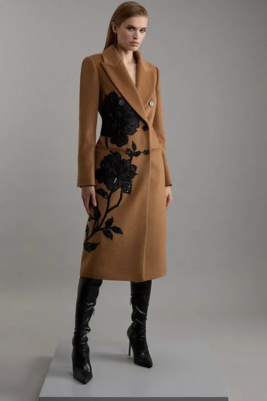 Wool Blend Taffeta Applique Embellished Double Breasted Tailored Midi Coat
