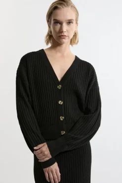 Wool Blend V Neck Ribbed Knit Cardi