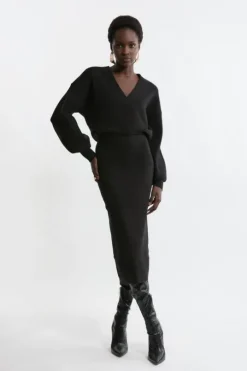 Wool Look Blouson Sleeve Midaxi Knit Pencil Dress