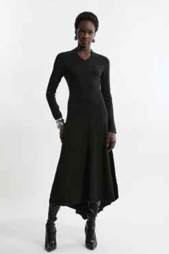 Wool Look High Low V Neck Maxi Knit Dress