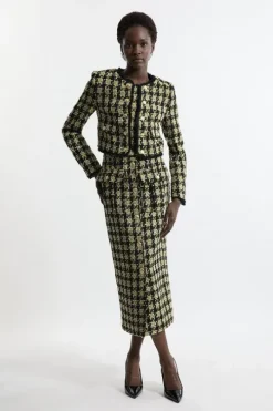 Wool Mix Boucle Check Tailored Maxi Skirt