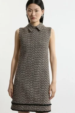 Wool Mix Boucle Tailored Collared Sleeveless Dress
